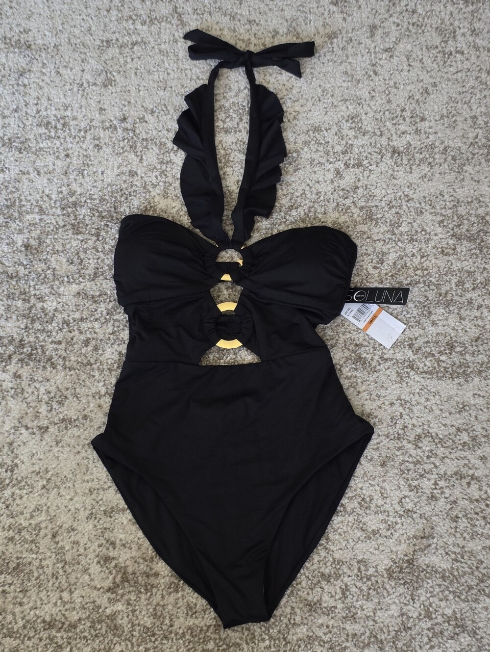 NWT SOLUNA Ruffle Strappy One PIece Black Ruffle Halter Swim Bathing Suit Size S